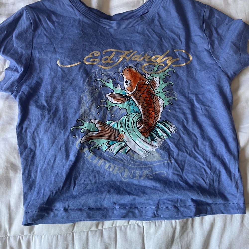 Ed Hardy Blue Koi Fish Graphic Tee